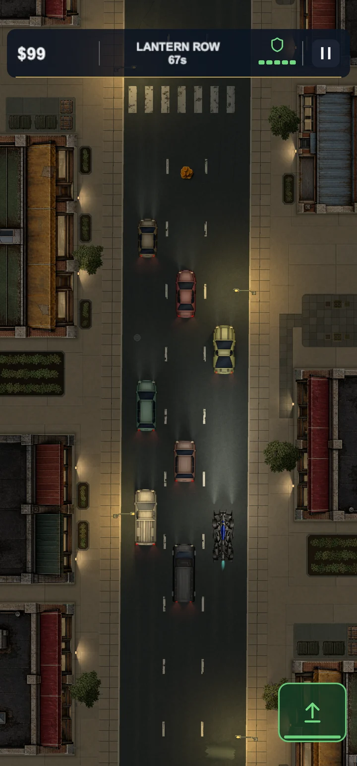 The armored hero car drives between traffic beneath amber streetlights in Vesper's Lantern Row.
